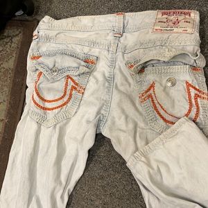 True religion blue jeans orange stripes